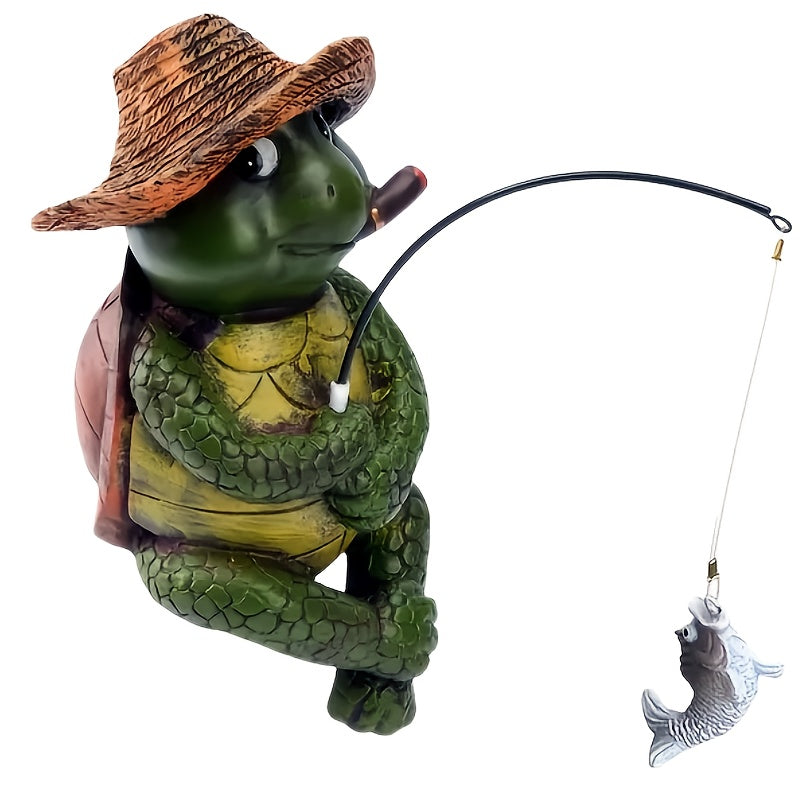 TEMU 1pc Fishing Turtle Statue - Whimsical Resin Decor With Straw Hat, Garden, Aquarium, Or Patio, Lawn Ornament, Outdoor Statue | Design | Detailed