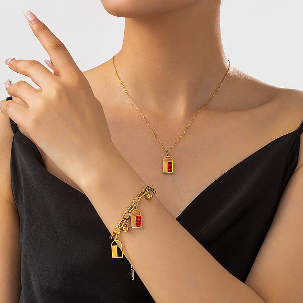 201 Edelstahl-Set mit Strass-Vorhängeschloss-Charm-Armband und Halskette