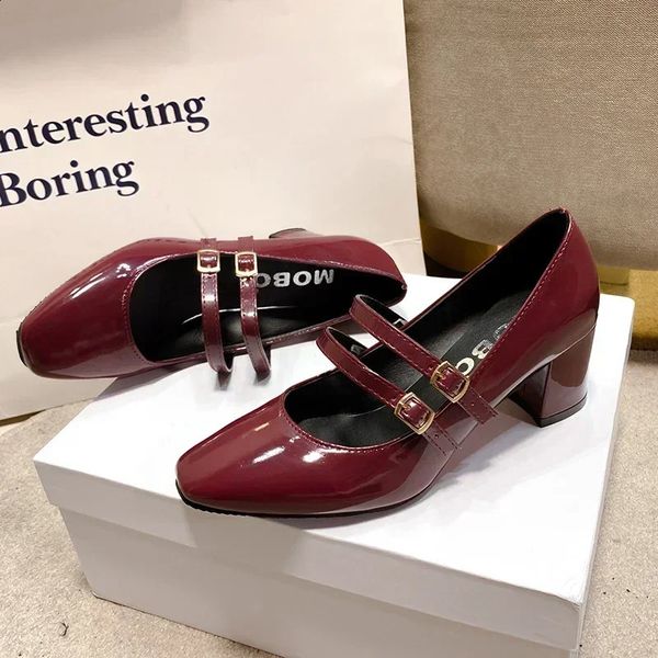 2024 Spring Autumn Women Double Buckle Mary Janes Shoes Patent Leather Dress Square Head Square Heel Solid Color Womens Shoes 240902