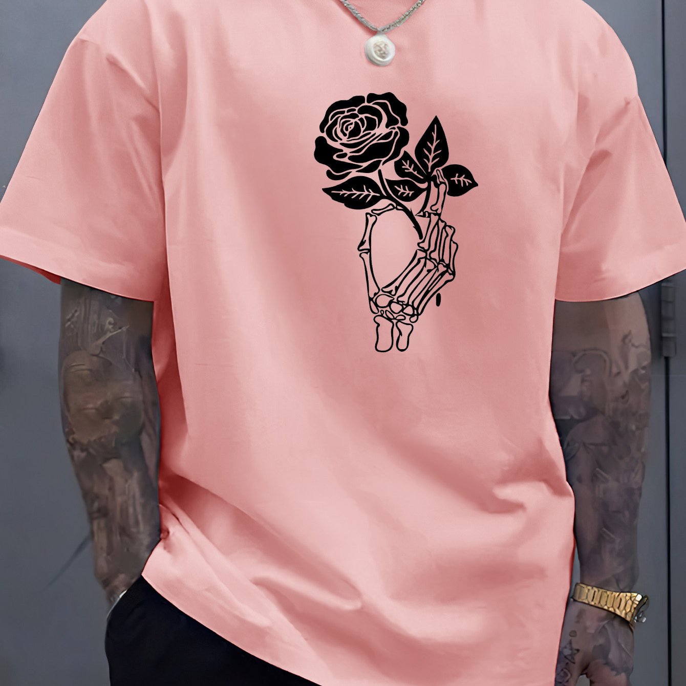 TEMU Rose Creative Print Summer Casual T-shirt Short Sleeve For Men, Sporty Style, Neck Top For