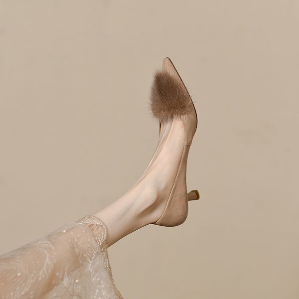 Elegant Wind Pointed For Women 2023 New Fine Heel Set Foot Women&#039;s Shoes Shallow Mouth Mink Hair High Heels