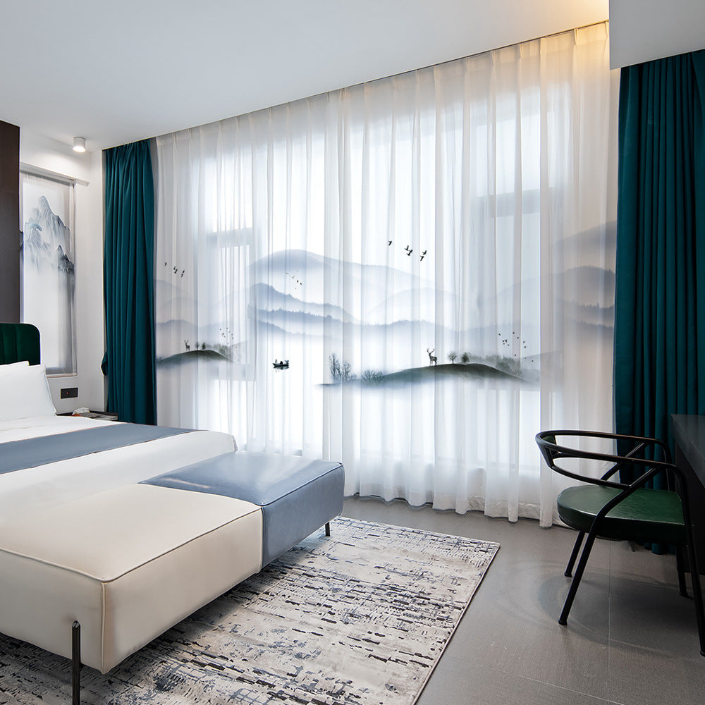 YL-36600 New Chinese style gauze curtain ink landscape painting curtain Chinese style 2025 new living room partition curtain light-transmitting but