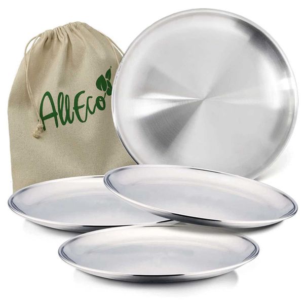 20cm Round Metal Dish Camping Stainless Steel 304 Serving Dinner Plates 4 Pack with alleco cotton bag for BBQ Snack SaladC241213
