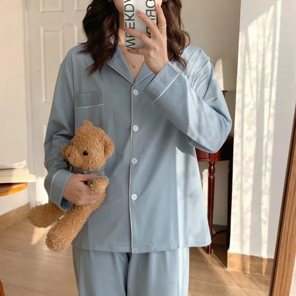 Casual Sleepwear Women Pajama Sets Korean Piiama Autumn Pants for 2 Pieces Solid Night Wears Long Sleeve Home Suit 240802