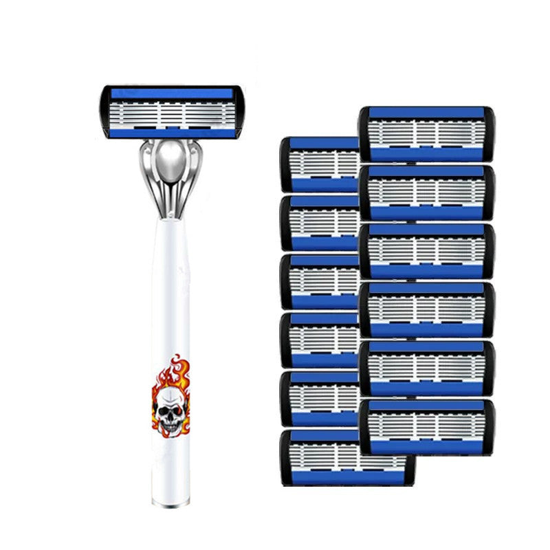 TEMU Hip-hop Style Men's Manual Shaver With 6-layer Stainless Steel Blades & Black Pattern Handle - Safe Razor For Beard Trimming & Grooming, Shaving