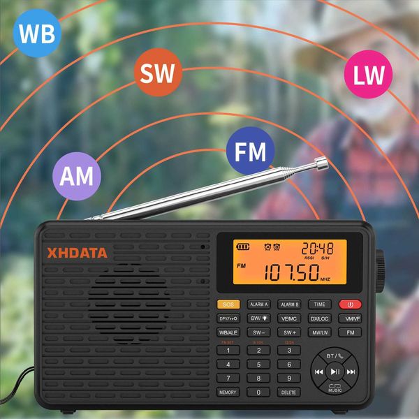Radio XHDATA D109WB Portable Ra AM FM Stereo SW MW LW Digital Al Clock Ra Rechargeable Battery USB-C with Weather Forecast Z241106