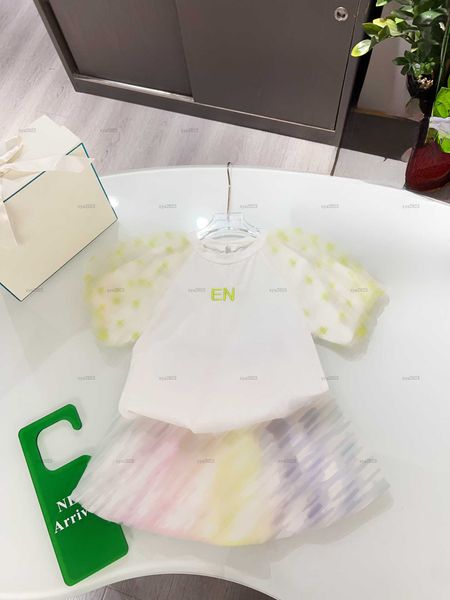 Fashion girls dress summer t-shirt set baby skirt set kids designer clothes Embroidered lace short-sleeved tee and colorful printed skirt