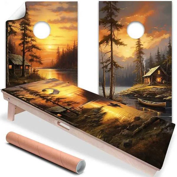 Cornhole Board Wraps and Decals for Boards Set of 2 Skins Professional Vinyl Covers Sticker - Sunset Cabins on the Lake Hou Y240810