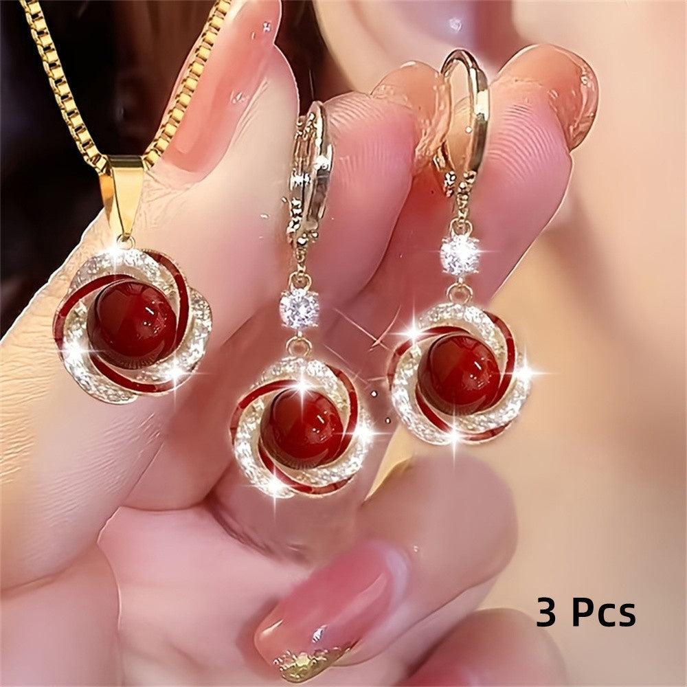 TEMU 3pcs Elegant Necklace Pendant+earrings Inlaid Party Commemorative Jewelry Exquisite Personality Creative Fashion Gift Jewelry Sparkling Treasure