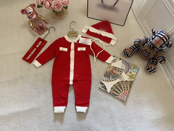 Xmas Baby red knitting rompers INS infant kids long sleeve jumpsuits with ruffle hats newborn girls soft cotton climb clothes S2146