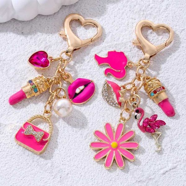 Beautiful rose red pocket lips flamingo lipstick enamel keychain cute heart animal keychain girl handmade jewelry set Y241121