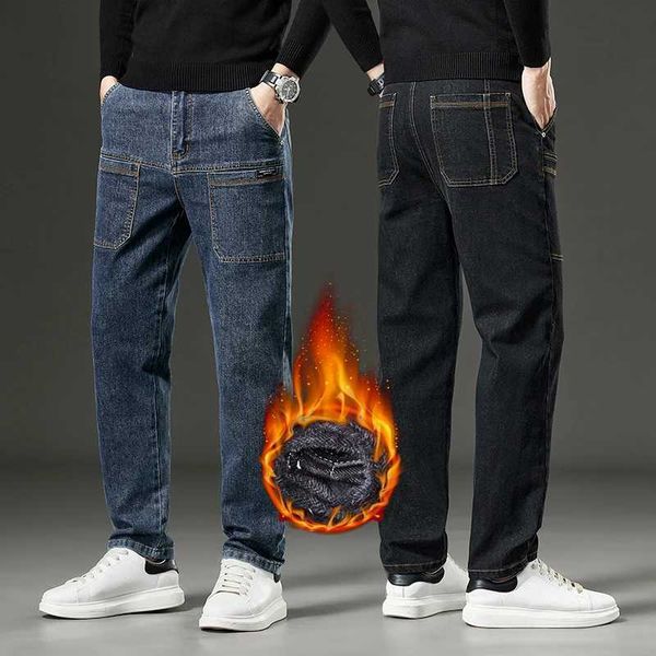 Men's Jeans Winter Fleece Men Jeans Cargo Denim Pants Thicken Warm Korea Fashion Pocket Denim Pants Straight Plush Jean Womens Streetwe