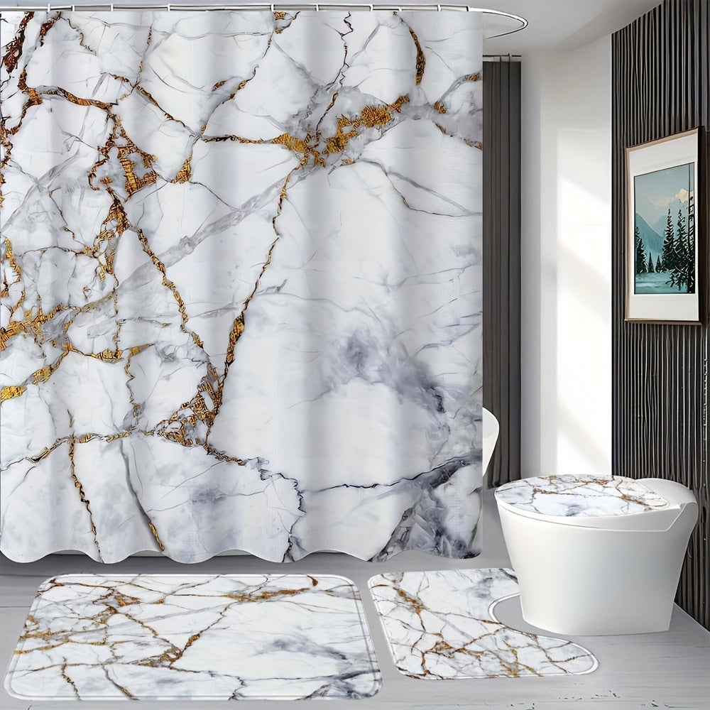 TEMU 1-4pcs Marble Pattern, Shower Curtain Set, With 12 Hook Shower Curtain, Non Slip Floor Mat, Toilet U-shaped Pad, Toilet Lid Pad, Bathroom Sets