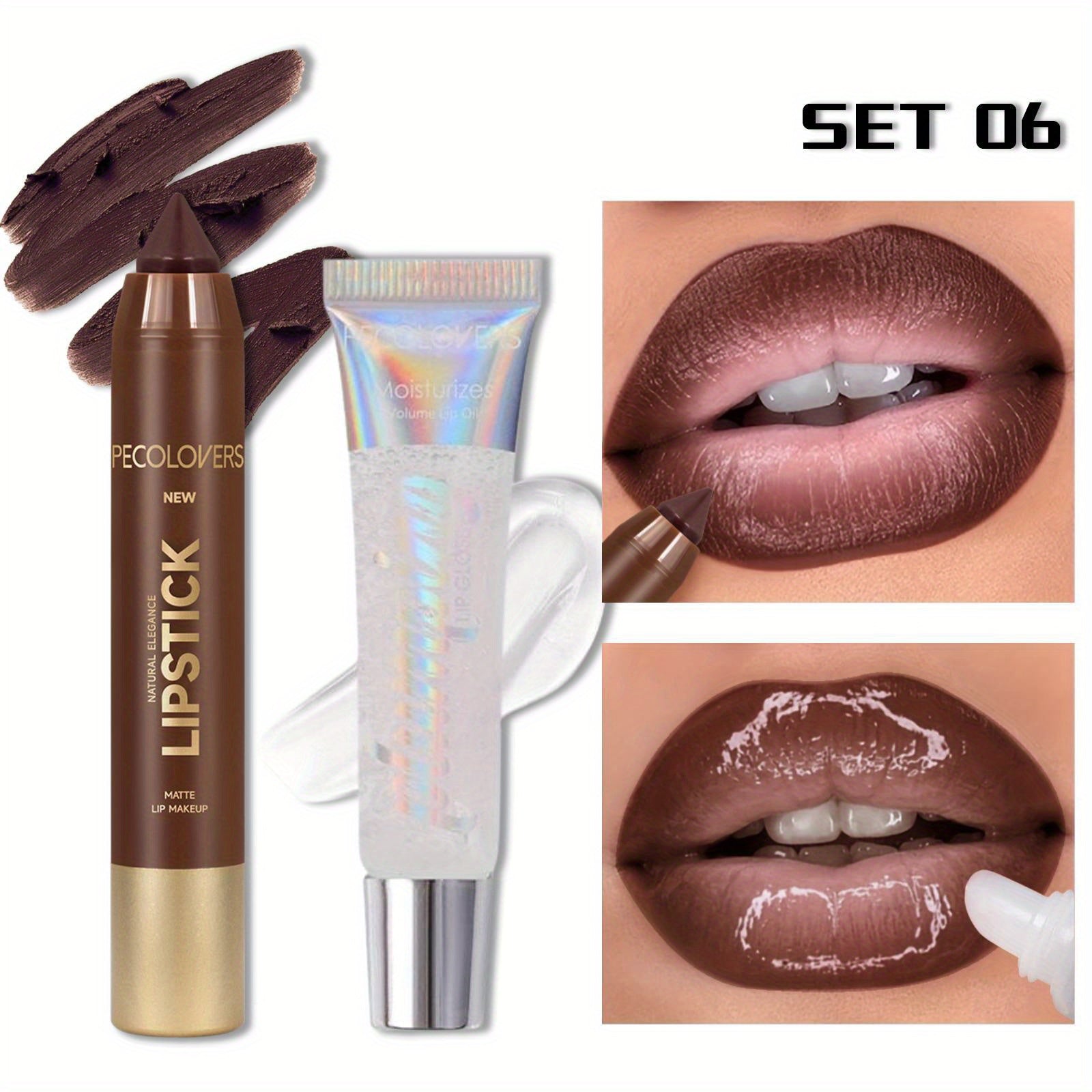 TEMU 2pcs Moisturizing Matte Lip Liner And Glossy Lip Oil Set - Brown Tones With Infused Lip Liner & Nourishing Transparent Oil Smooth Application -