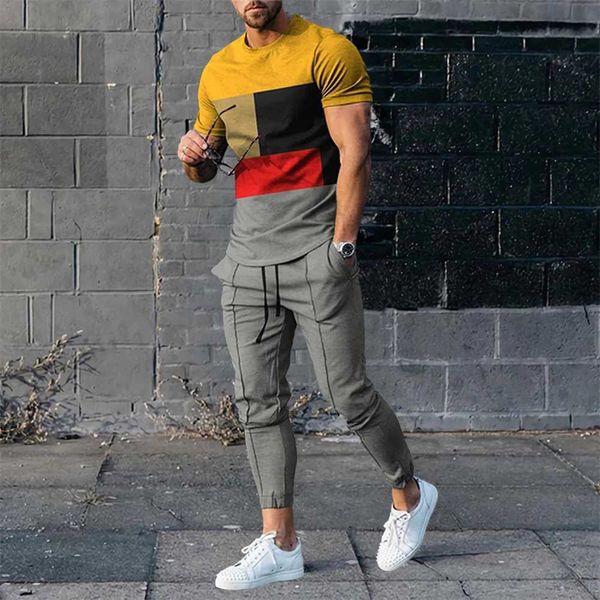 TRABALHOS MENINOS Block Splicing Splicing 3D Impressão masculina Sportswear Conjunto de camisetas curtas casuais Conjunto de 2 peidas