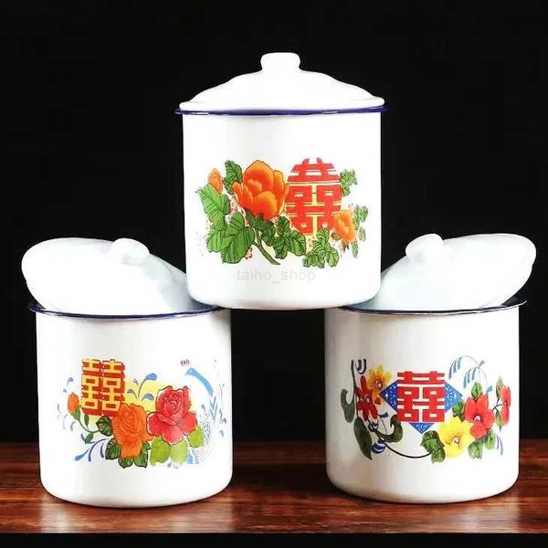 Nostalgic Enamel Cup - Double Happiness Flower Retro Iron Teapot with CoverB240720
