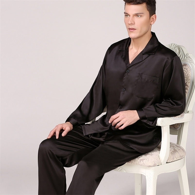 Men&#039;s Sleepwear Spring Autumn Long Sleeve Pajamas Suit Men Sleepwear Soft Faux Silk Satin Pijamas Suit Loungewear Black Elastic Waist Home Wear