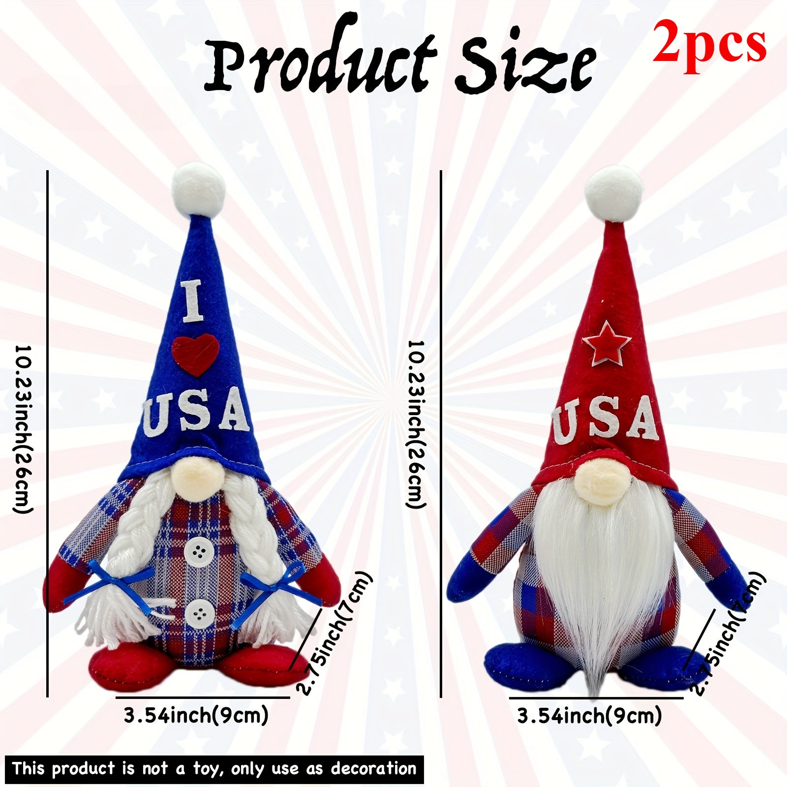 TEMU 2pcs Patriotic Gnome Figurine - Striped Star , Mini Tabletop Decor, American , Memorial Day, National Day & Labor Day, Decorations, Collectible