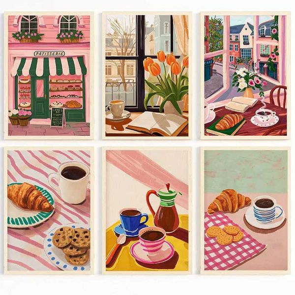 Coffee Shop City Bakery Illustration Croissants and Cookies Art Poster Canvas Painting Wall Print Picture for Kitchen Home Decor W250107