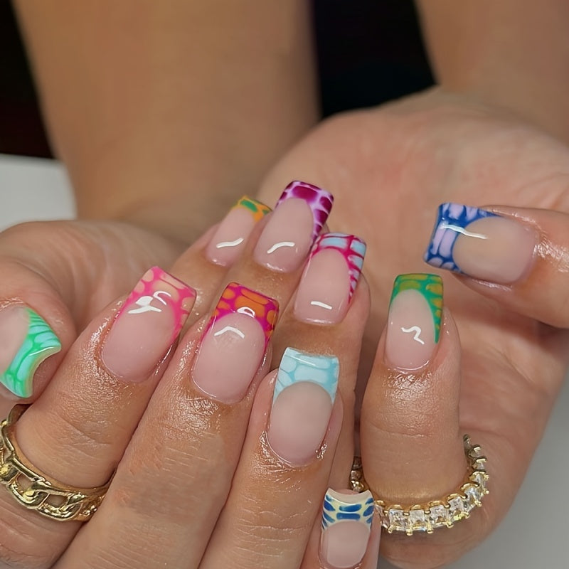 TEMU Mixed Color French Square Long Press-on Nails Set, Glossy Colorblock Artificial Nail Tips, 24pcs Nail Art Kit