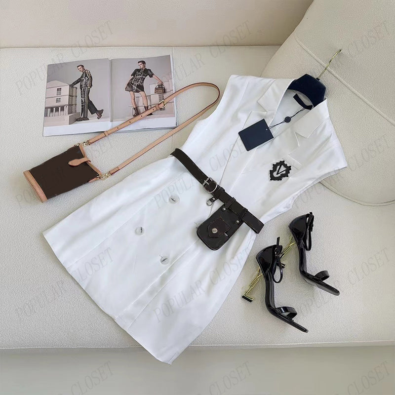 Womens Vests Coat Sleeveless Dresses Embroidered Badge Letter Jacket Slim Adjustable Waist Belt Spring Autumn Outerwear SML