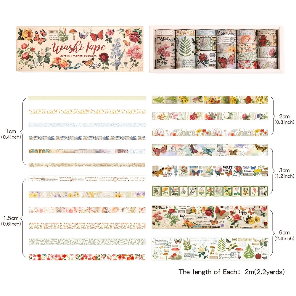 TEMU 20 Rolls Washi Tape Set 10-15--60 Mm Wide Vintage Botanical Masking Tape Decorative Adhesive Tape For Diy Crafts, Gift Wrapping, Scrapbooking