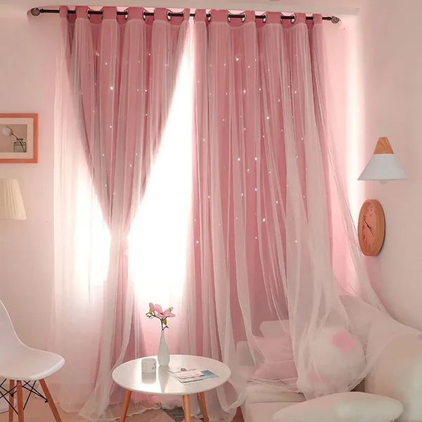 Double Layers Romantic Sheer Kids Children Girls Curtains With Hollow Out Stars For Living Room Bedroom Windows Drapes Sheer Curtains 250113