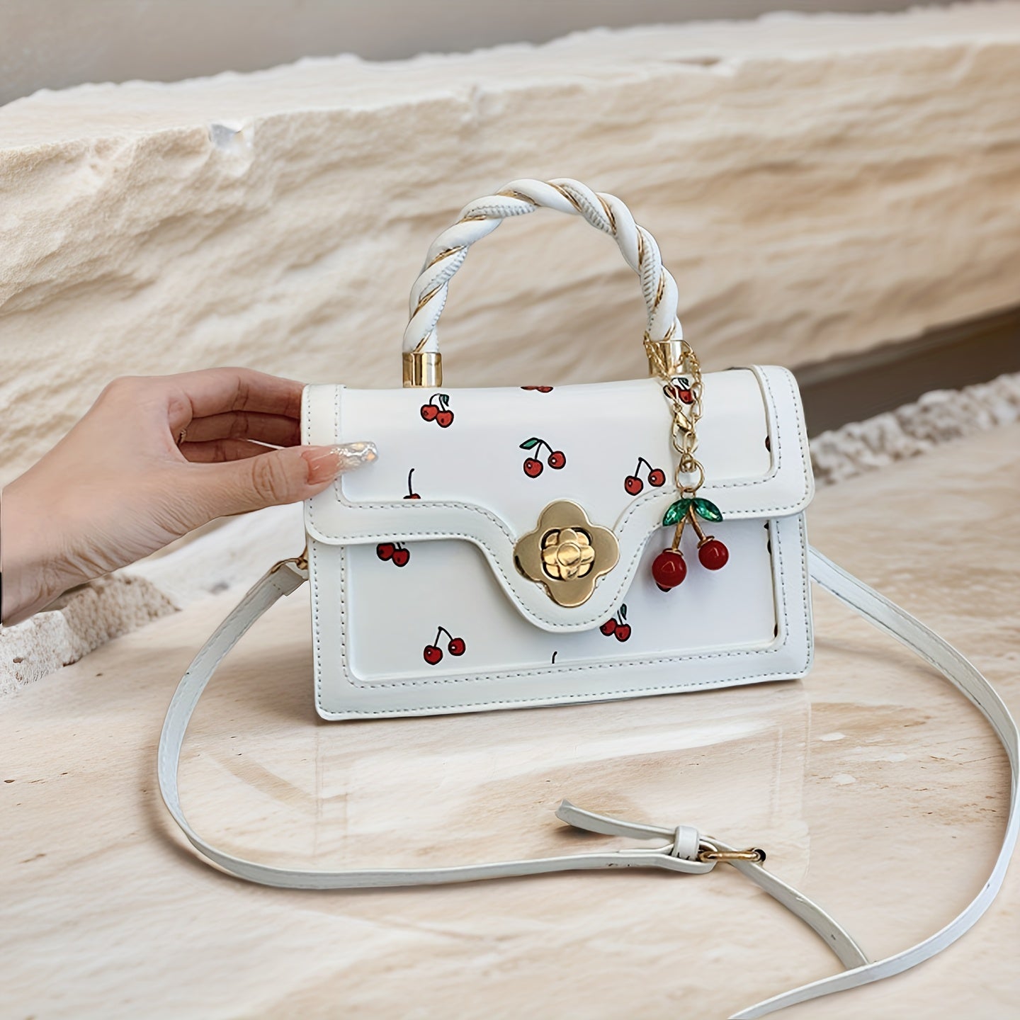 TEMU Women's Cherry Print Crossbody Bag With Adjustable Strap - Red Synthetic Leather Handbag, Golden-tone Clasp Closure & Synthetic Leather Lining