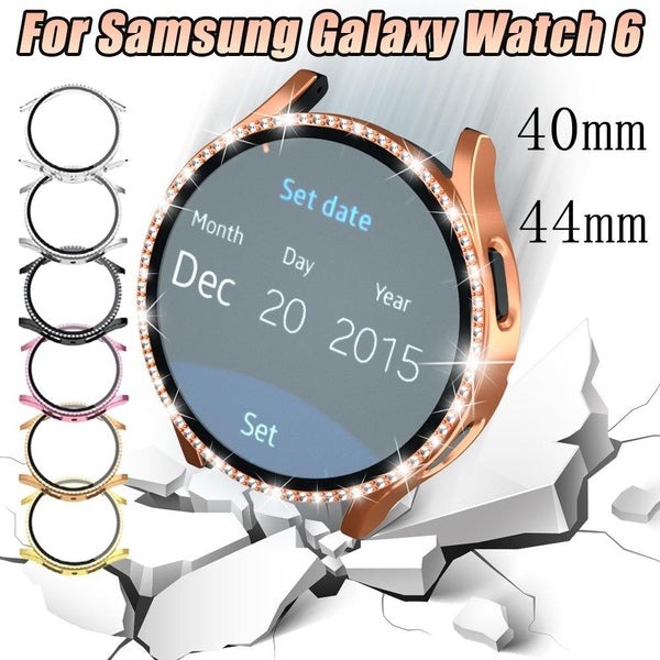 Temepred Glass with Diamond Case for Samsung Galaxy Watch 6 40mm 44mm for Galaxy Watch 6 40mm,Women Screen Protector Accessories Bling PC Bumper+Scr Matron Inn