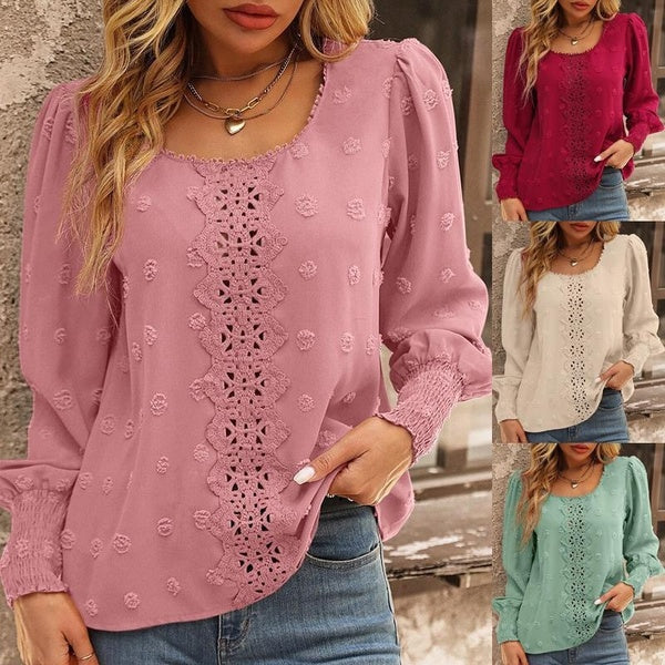 Women's Fashion Round Neck Long-sleeved Blouses Ladies Bubble Sleeves Hollow Out T-shirts Cute Loose Shirts