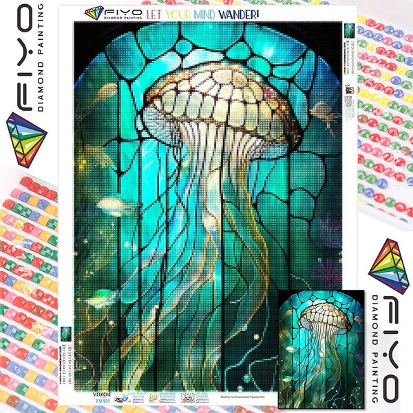 FIYO DIY 5D Jellyfish Diamond Painting Full Drill with Number Kits Home and Kitchen Fashion Mosaic Diamond Painting Canvas Wall Decoration Gift Craft