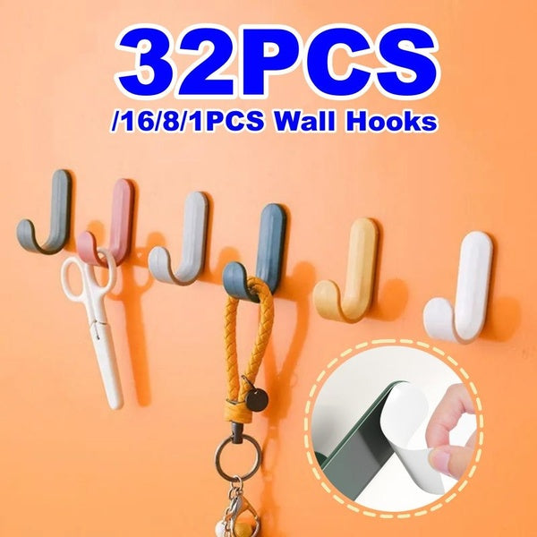 32-16-8-1PCS Self Adhesive Wall Hooks Plastic Door Wall Hook Hanger Without Drilling Candy Color Strong Hook Towel Holder Organizer For Kitchen Bathr