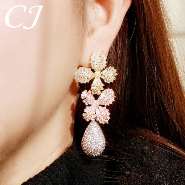 CANDICE à la mode 3 tons Micro zircon cubique pavé fleur charme goutte d'eau longues boucles d'oreilles pour Banquet fête bijoux de luxe
