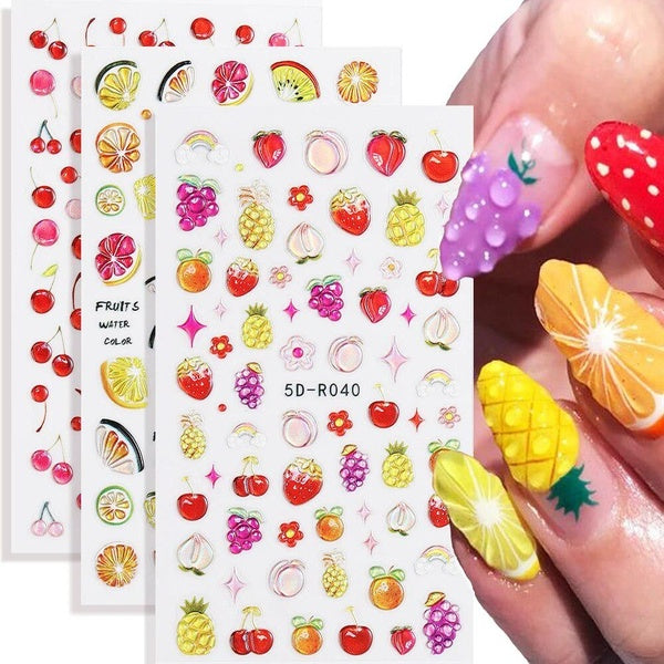 5D Summer Fruits Nail Art Stickers Cherry Orange Flower Slider Cute Jelly Relief Decals Dopamine Manicure Decoration LEB5D-R038