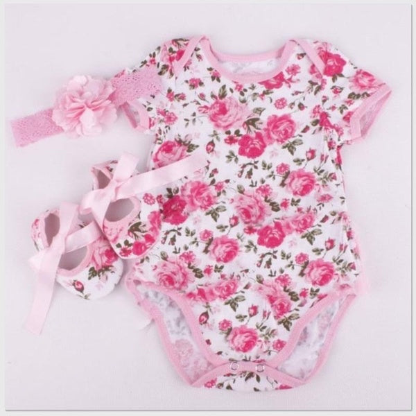 3pcs Newborn Infant Baby Girl Floral Romper Bodysuit headband Shoes Sets Clothes