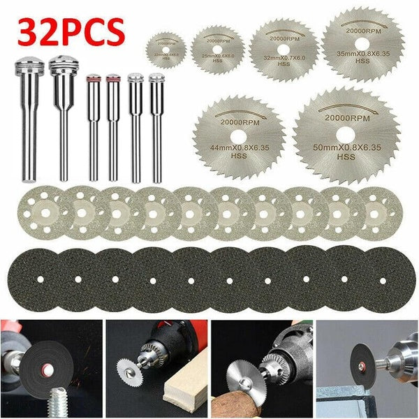 32PCS-SET Diamond Resin Cutting Disc Saw Blade Grinding Wheel with 1-8" 1-4" Mandrel for Dremel Rotary Tool Accessory Kit