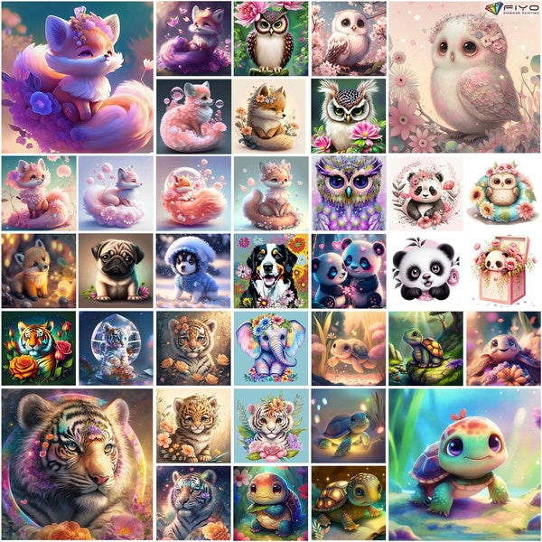 FIYO Tiger, Fox, Turtle and Owl Animals DIY 5D Diamond Painting Full Drill with Number Kits Home and Kitchen Fashion Mosaic Diamond Painting Canvas W