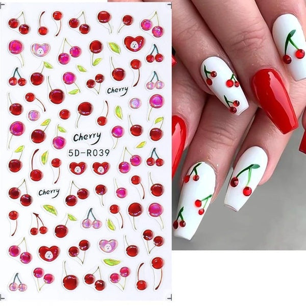 5D Realistic Red Cherry Fruit Nail Art Stickers Summer Lemon Strawberries Pineapples Self Adhesive Sliders DIY Nail Decor