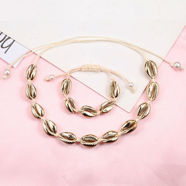12 Styles Bohemian Necklace Bracelet 2PCS-Set Handmade Rope Chain Natural Shell Charm Seashell Choker Summer Ocean Beach Boho Jewelry For Women Men