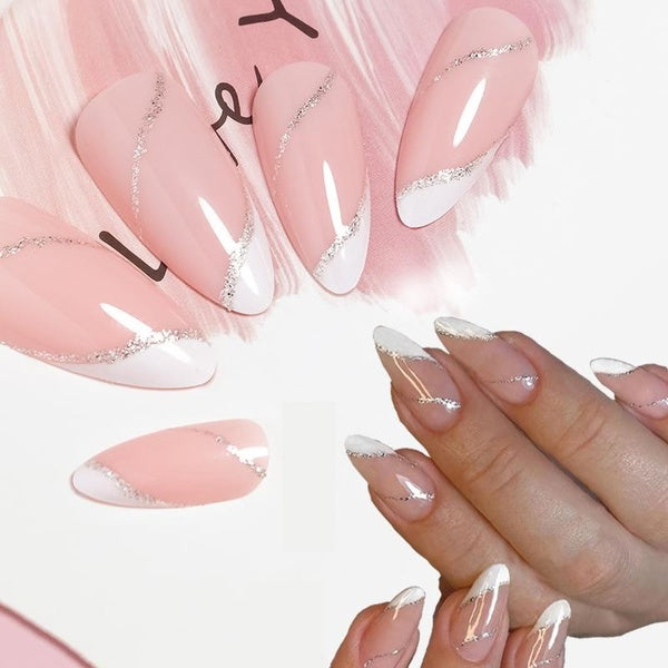24pcs French False Nails Medium Almond Fake Nails Glossy Glitter Line Finished Press On Nails for Women and Girls