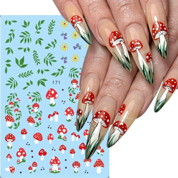 Mushroom Nail Stickers Leaf Branch Small Flowers Nail Decals Ladybird Sliders For Manicure Tulips Spring Decoration Foil GLEB171