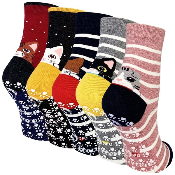 Fun and Colorful Cat Cartoon Running Socks for Ladies - Cute Polka Dot Design