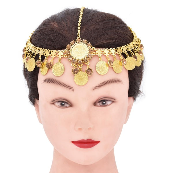 Fashion Gold Metal Coin Tassel Head Chains Crystal Headbands Boho Wedding Party Hair Accessories Indian Jewelry