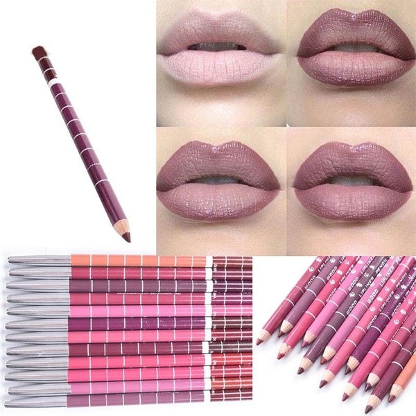 12Pcs-set Professional Makeup Lipgloss Pencil Lipstick Long Lasing Brown Velvet Matte Metallic Lipstick Lip Liner Pencil