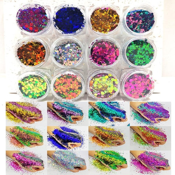 Chunky Chameleon Glitter Mix,Set of 12Colors Change Glitter,Color Shift Gllitter,Glitter Flakes,Body Glitter,Face Glitter,Hair Gllitter,Hexagon Cosme
