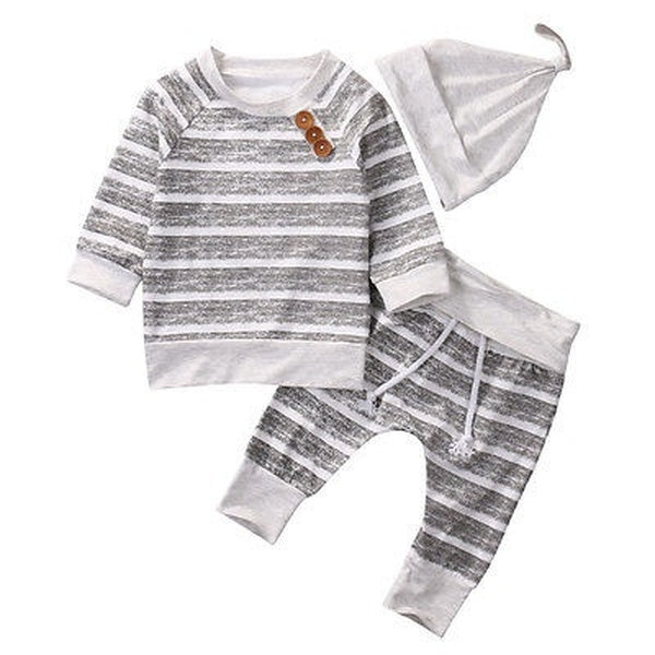 Newborn Infant Baby Boys Girls Striped Clothes Tops T-shirt + Long Pants Leggings + Hat Outfits Set