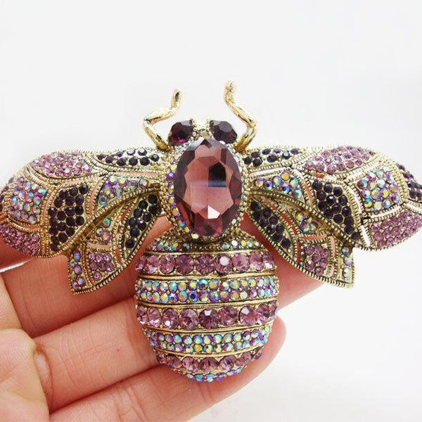 Charmant rétro abeille insecte doré broche pendentif violet cristal strass