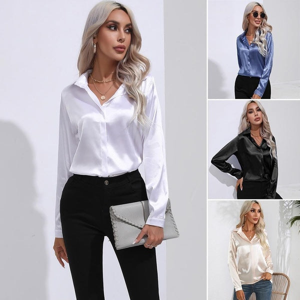 Women Office OL Blouse Solid Color Satin Silk Shirt Elegant Long Sleeve Blouses Casual Loose Button Down Female Shirts Tops