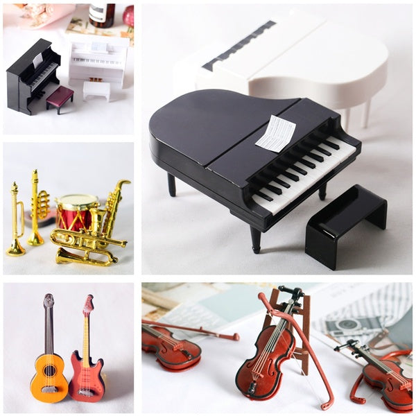 1: 12 Dollhouse Mini Grand Piano Musical Instrument Model Trumpet-Guitar-Violin-Microphone Stand Miniatures Scene Kids Toy