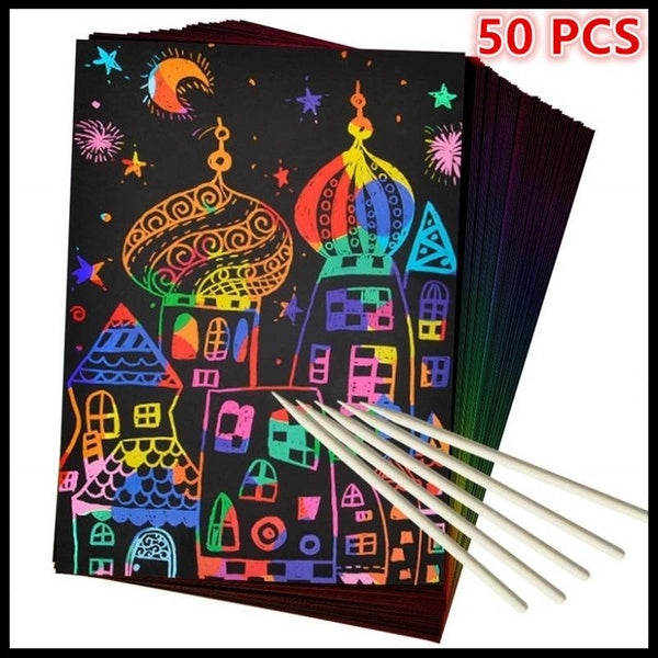 Scratch Paper Art Set, 50 Piece Rainbow Magic Scratch Paper for Kids Black Scratch it Off Art Crafts Notes Boards Sheet with 5 Wooden Stylus for East